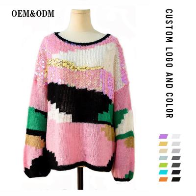 China 2020 Handmade Sewn Sequin Appliques Anti-wrinkle Mohair Pullover Lace Sweater Autumn Winter for sale