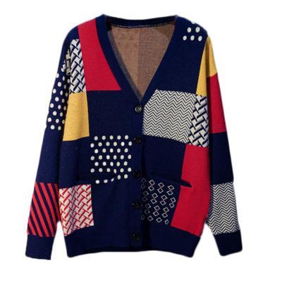 China Anti-wrinkle plus size OEM color jacquard winter autumn ladies cardigan knit sweater jacquard sweater for sale