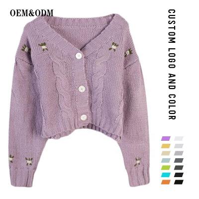 China Purple cardigan anti-pilling knit sweater with parcou embroidered blouse with finial and raw yarn for sale