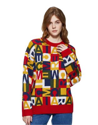 China New design custom hot sale anti-pilling long sleeve letter color block knit jacquard female sweater for sale