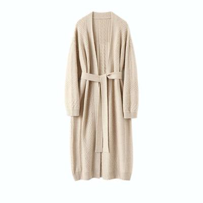 China FYB New Design Winter Casual V-Neckline Anti-Wrinkle Blended Long Knit Belted Cardigan Sweater Coat Cashmere Maxi Dress For Women for sale