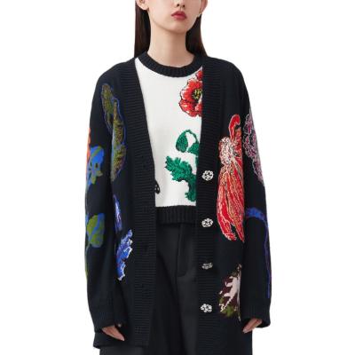 China custom Anti-wrinkle v-neck vintage female flower pattern casual long sleeves women knitted floral kimono black cardigan sweater for sale