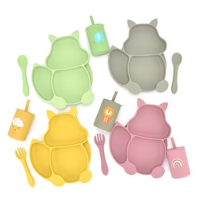 China Modern Children's Dinner Dish 3 Compartment Pure Silicone Baby Food Supplement Bowl Spoon Fork Silicone Baby Cutlery Set for sale