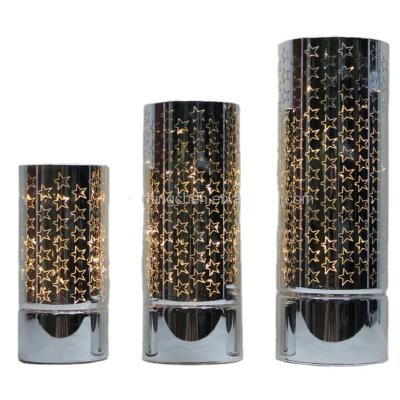 China Fashionable Glass Led Cylinder Light Home Decoration Silver Glass With Warm White Light And Stars Laser Cut for sale