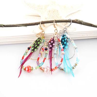 China New CLASSIC Noomi design style original Bohemian handmade two feather glass flat glass pearl gift water drop earrings for sale