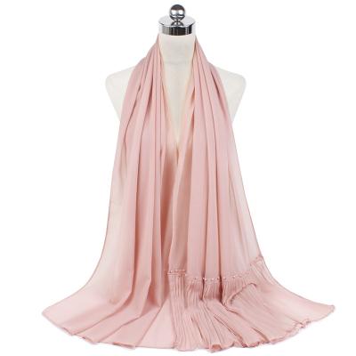 China Comfortable Top Selling High Quality Monochrome Chiffon Pearl Splicing Ethnic Ruffled Scarf Ribbon Pearl Scarf for sale