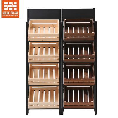 China New Design Wooden Fruit Vegetable Rack Steel Wooden Supermarket Shelves Wine Fruit and Vegetable Display Rack for sale