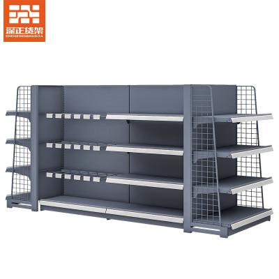 China Single Sided Flat Panel Shelf For Supermarket Combination Black Gondola Freestanding Shelving With Mesh Supermarket Wall Rack for sale