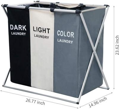 China Foldable 135L Laundry Cloth Sorter Basket Traditional Bin Bin 3 Sections With Aluminum Frame Storage Wash Dirty Clothes Bag for sale