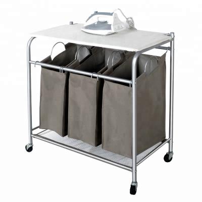 China Easy Lifting Handles Rolling Laundry Sorter Cart Heavy Duty 3 Bags Hoop With Ironing Board for sale