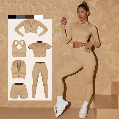 China Custom Lcool 2022 Logo 5 Pcs Yoga Set Breathable Ribbed Sexy Long Sleeve Bra Waist Trainer Gaiters Fitness Sets 6 Piece Yoga Set for sale