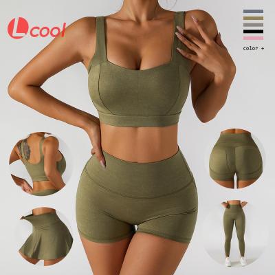 China Lcool Breathable 2022 Athletic Wear Outdoor Sports Shorts And Tight Bra Set Yoga Panties Tennis Wear Skirt Set Fitness Gym Two Piece Set for sale