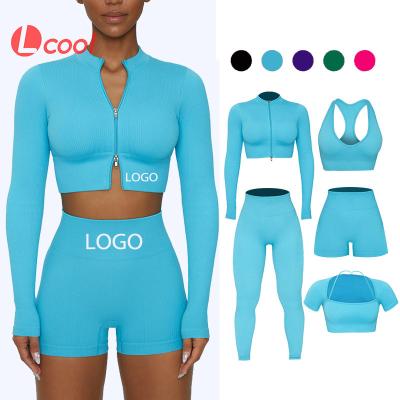 China Breathable Cool Ribbed Sports Bra Seamless Long Sleeve Workout Sets Active Wear Set Gym Wear Set With Zipper Jacket for sale