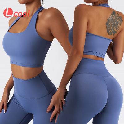 China Lcool Logo Women Sport Clothes Breathable Custom Sports Bra Halter High Waisted Pants Yoga Set Halter Top 2022 2 Piece Sets for sale