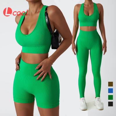 China Lcool Breathable Seamless Ribbed Yoga Workout Shorts Set Sportswear Fitness Workout Gym Clothing Activewear Suit Fitness Clothing for sale