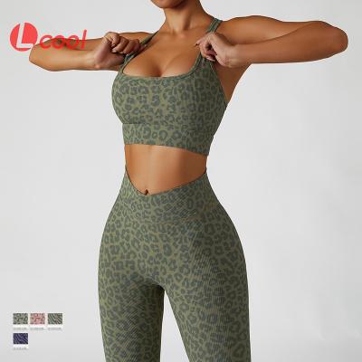 China Lcool Breathable Animal Print Yoga Sets Rib Sports Bra Ribbed Leggings Fitness Sets 2 Piece Workout Set Leopard for sale