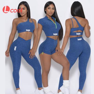 China Lcool 2022 modest custom activewear breathable dropshipping one shoulder sports bra and V cut crack! crack! the two-piece butt gaiter workout set for sale