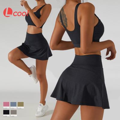 China Sets Lcool Fitness Sports Skirt Sets Women High Impact Sports 2 Piece Equipments Underwire Bra Tennis Skirt Set Tennis Equipment Women for sale