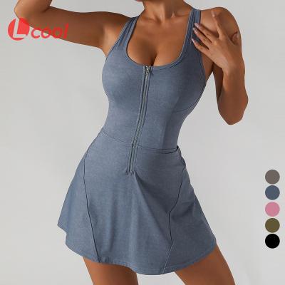 China Lcool Breathable Acid Washed Fitness Yoga Wear Sports Dress Zipper Front Women 2 In 1 One Piece Tennis Dress With Built In Brief for sale