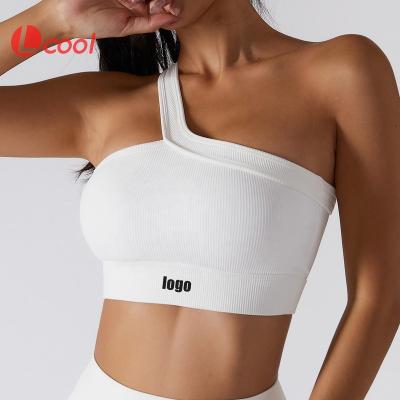 China Activewear One Shoulder Padded Yoga Bra Fitness Lcool Breathable Custom High Print Sexy Ribbed Sports Bra for sale