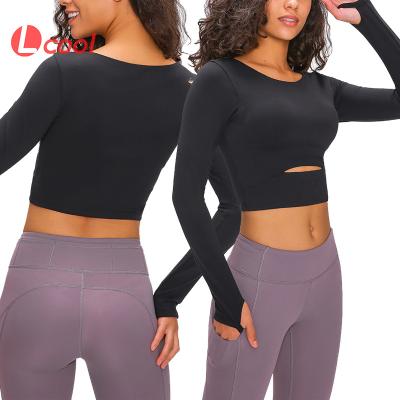 China Lcool Gym Clothing Breathable Sexy Long Sleeve Crop Tops Workout Tops For Women Hollow Out Gym T-shirt for sale