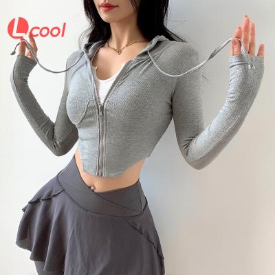 China Lcool Breathable Gym Sports Ribbed Hoodies With Zipper Long Sleeve Workout Hoodie With Drawstring for sale