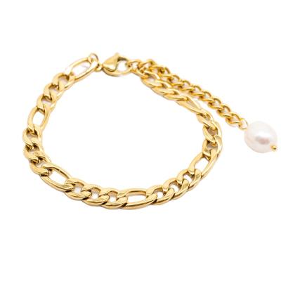 China Waterproof High Quality 18k Gold Plated Stainless Steel Figaro Bracelet Female Freshwater Baroque Pearl Bracelet for sale