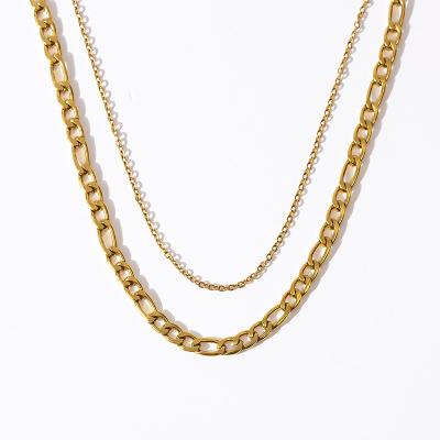 China Hiphop Personality Double Layered Necklace 18k Gold Plated Stainless Steel Figaro Chain Necklace for sale