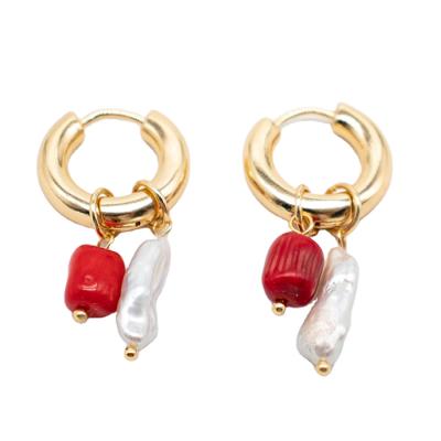 China TRENDY Natural Freshwater Pearl Dangle Earrings Red Corals Dangle Earrings For Women Gold Plated Circle Earrings for sale