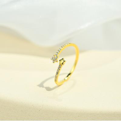 China 2022 FASHIONABLE new shiny opening S925 Sterling Silver Gold Plated Zircon star ring adjustable for sale