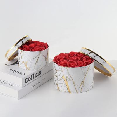 China Wholesale Recyclable Flower Round Box With Gold Pattern Rose Flower Women Simulation Flower Artificial Rose Bouquets Gift for sale