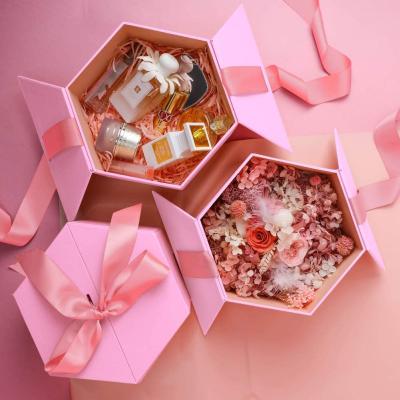 China Recycled Materials Chinese Factory Low Moq Ready To Ship Luxury Gift Boxes Hexagon Shaped Ribbon Closure Packaging Boxes With Pink Lids Storage Boxes for sale