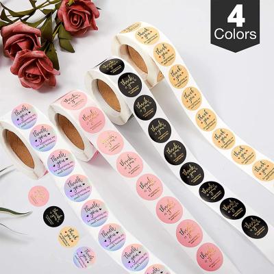 China Waterproof 1 Roll 1.5 Inch 500pcs Thank You Stickers With 4 Unique Designs Black Pink Customized Aluminum Kraft Paper Packaging Label for sale