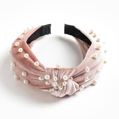 China Comfortable Gold Velvet Pearl Tied Hair Band Nail Beaded Hair Band Fashion Ladies Hair Accessories for sale