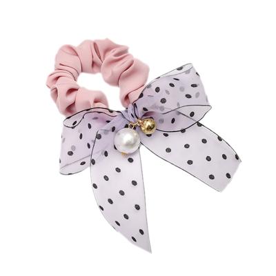 China Comfy Fashion Sheer Fabric Scrunchies Lace Up Bow Ribbons Beads Scrunchies for sale