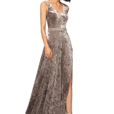 China Anti-Static V-Neck Velvet Floor Length Evening Dress A Line With Beading for sale