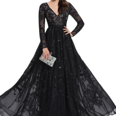 China Anti-Static Dress With Lace Sequins V-Neckline Sweep Train Tulle Evening Dress for sale