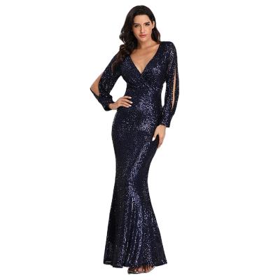 China Plus Size Long Sleeve Breathable V-Neck Sequin Fishtail Even Dress for sale