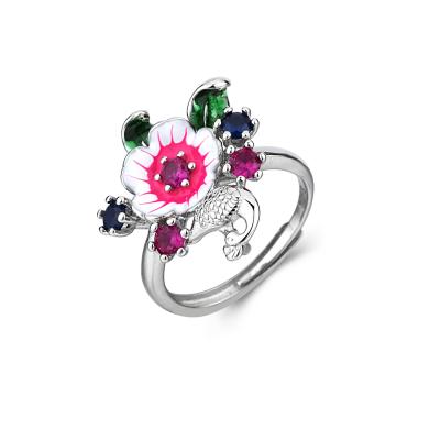 China Vintage Custom Enamel Flower Ring Female S925 Sterling Silver Hip Hop Cool Fashion Niche Design Ring for sale