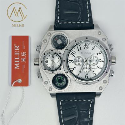 China Männer Quarz Dual Time Big Face Kompass Uhr Leder Gürtel Uhr zu verkaufen