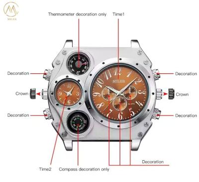 China Diseño único Calidad de la marca MILER Dual Time Reloj de hombre de cara grande con brújula de cuero con correa Reloj de cuarzo en venta