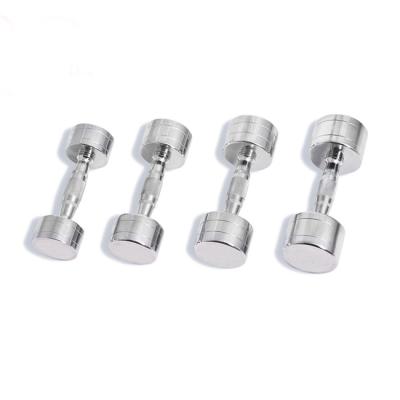 China Durable Wholesale Gym Weightlifting Silver Fixed Round Electroplating Steel Chromed Dumbbells for sale