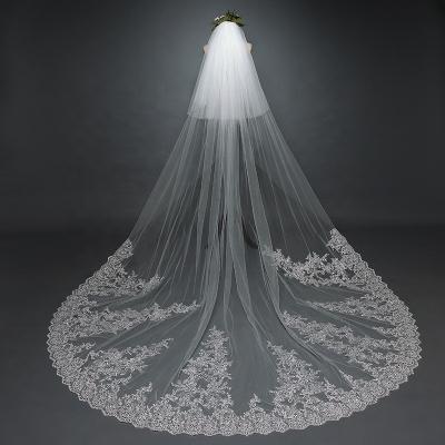 China Two Tier Ribbon Edge Cheerfeel VE401 With Face Cover Wedding Bridal Veil With Comb Lace Edge Long Chapel Length for sale