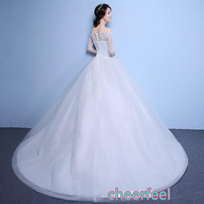 China Breathable Bridal Dress WD-216 For Bride Aline Applique Bride Dress Long Tulle Off Shoulder Bell Sleeve Lace Train Strapless Wedding Dress for sale