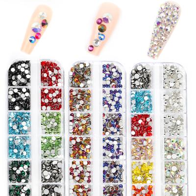 China High Index Of Shiny Refraction 12 Grids Rhinestone Nail Art Decorations AB Colors Flat-back Crystals 3D DIY Tips Glass Stone Nail Gems Shiny Mixed Size Te koop