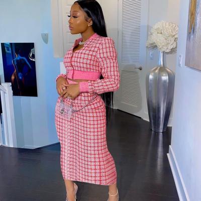 China 2021 Viable Viable Clothing African Pink Plaid Midi Skirt And Crop Autumn Long Sleeve Set Women 2pc Two Piece Top Pencil Skirts Sets Outfits for sale