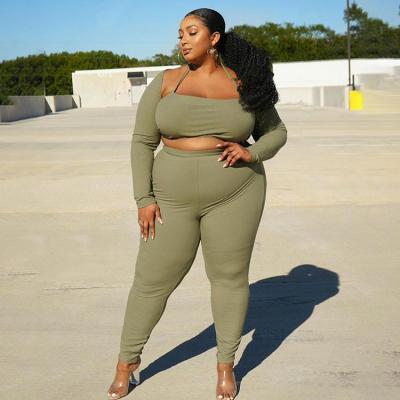 China 2021 Plus Size Women's Plus Size Fall Clothing Casual Sport Light Green Sweatshirt Plus Size Long Sleeve Cropped Top Women's 3 Piece Set Workout Pants for sale