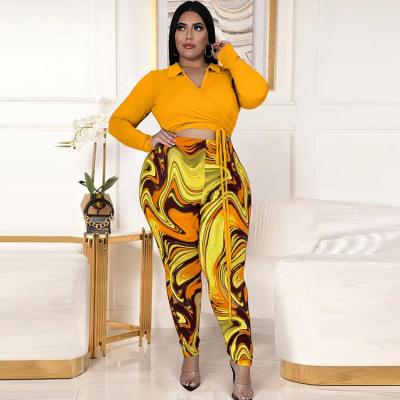 China Plus Size Plus Size Spring Plus Size Women Clothing Club Wear Print V-Neck Two Piece Long Sleeve Crop Top Pants Set 2 PC Sets 3xl 4xl 5xl 6xl 7xl for sale