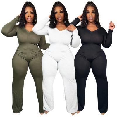 China Plus size plus size 2021 newest women fall clothing sheer color custom clothes v neck women plus size long sleeve jumpsuits for sale