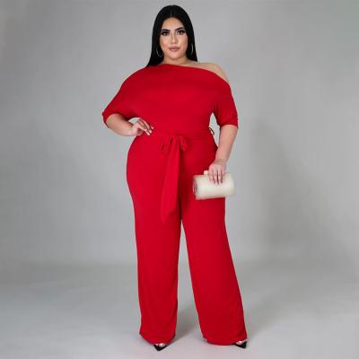 China Plus Size Plus Size 2021 Autumn Fashion Clothes Women Fashion Nk Half Shoulder Slope Solid Loose Sleeve Plus Size Overall Wide Leg for sale